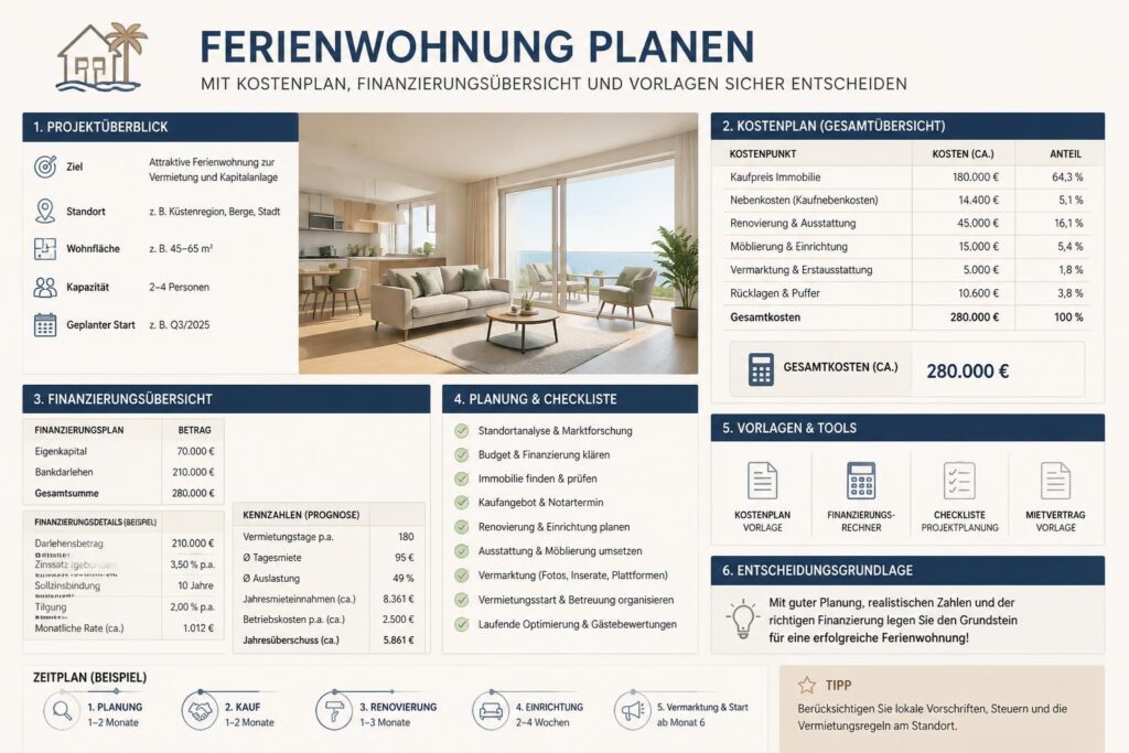 Ferienwohnung 2026 planen: Mit Kostenplan, Finanzierungsübersicht und Vorlagen sicher entscheiden Eine eigene